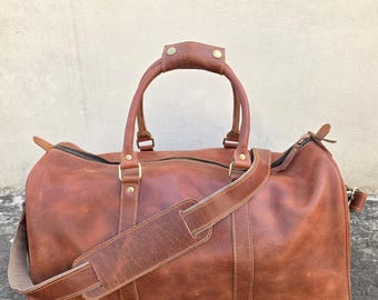Bolsa de viaje de cuero de grano completo hecha a mano: bolso de fin de semana para hombre