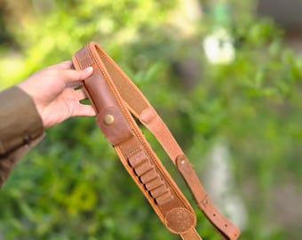 Handmade Leather Gun Sling Adjustable Rifle Sling with Ammo Pocket