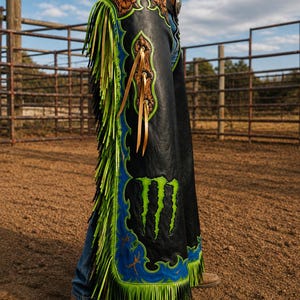May include: Black leather chaps featuring a bright green Monster Energy logo, intricate floral tooling on the belt, and long lime green and black fringe along the sides. The design includes blue and green decorative leather trim and tan leather ties.