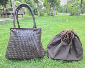 Handwoven Cowhide Leather Tote Bag: Large Handcrafted Shoulder Bag