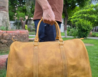 Handcrafted Full Grain Leather Duffle Bag: Tan Weekender Travel Bag