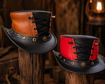 Handmade Leather Top Hat Steampunk Cowboy Western Gothic Festival Hat, Black Red Brown