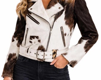 Handmade Leather Cowhide Jacket For Women | Natural Hair-on Cow Skin Leather