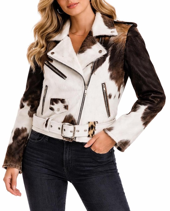 Handmade Leather Cowhide Jacket For Women | Natural Hair-on Cow Skin Leather