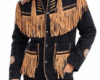 Handmade Men's Traditional Western Style Leather Cowboy Jacket Coat With Fringes Brown