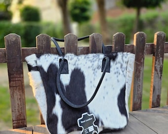 Handmade Cowhide Leather Shoulder Bag Western Hair on Tote