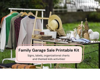 Kit de carteles de venta de garaje familiar, etiquetas de venta de garaje editables, rastreadores, actividades para niños y folletos.