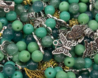 Green Bead Mix | Porcelain, Glass, Silver Charms, DIY Jewelry
