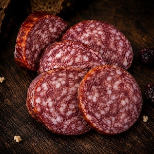 May include: Close-up of sliced salami, displaying a deep red colour with white speckles. The salami slices are arranged on a dark wooden surface, with a few dried berries and bread crumbs scattered around.