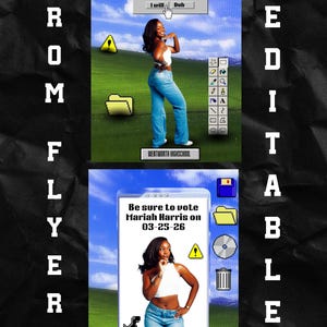 Könnte beinhalten: Prom-Flyer mit Windows XP-Thema. Der Flyer zeigt ein Foto einer Frau in einem weißen Oberteil und Jeans. Der Text auf dem Flyer lautet: "Vergiss nicht, Mariah Harris zur Prom-Prinzessin zu wählen!!" und "Wähle Mariah Harris am 03-25-26."