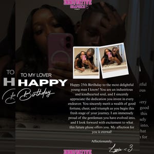 Könnte beinhalten: Eine personalisierte Geburtstagskarte mit einem Foto eines Paares, mit dem Text "Happy Birthday" und einer herzlichen Botschaft. Die Karte hat einen dunklen Hintergrund mit weißen und rosa Akzenten, und die Worte "Innovative Graphics" sind ebenfalls sichtbar.