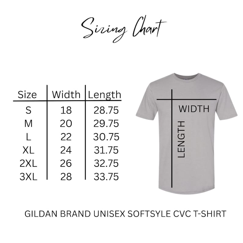 K&ouml;nnte beinhalten: Ein hellgraues Gildan Unisex Softstyle CVC T-Shirt mit einer Gr&ouml;&szlig;entabelle. Die Tabelle zeigt die Gr&ouml;&szlig;en S bis 3XL mit Breiten- und L&auml;ngenma&szlig;en in Zentimetern. Der Text "Sizing Chart" steht oben.
