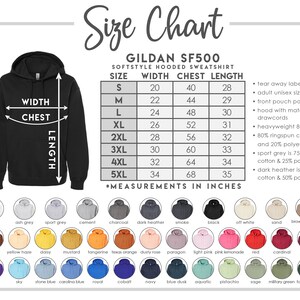 K&ouml;nnte beinhalten: Gr&ouml;&szlig;entabelle f&uuml;r einen Gildan SF500 Kapuzenpullover. Die Tabelle enth&auml;lt Ma&szlig;e in Zoll f&uuml;r Breite, Brust und L&auml;nge, von Gr&ouml;&szlig;e S bis 5XL. Farboptionen werden unterhalb der Tabelle angezeigt.