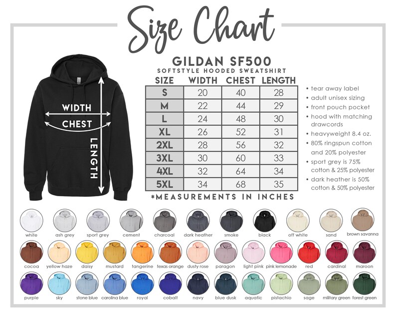 K&ouml;nnte beinhalten: Gr&ouml;&szlig;entabelle f&uuml;r einen Gildan SF500 Kapuzenpullover. Die Tabelle enth&auml;lt Ma&szlig;e in Zoll f&uuml;r Breite, Brust und L&auml;nge, von Gr&ouml;&szlig;e S bis 5XL. Farboptionen werden unterhalb der Tabelle angezeigt.