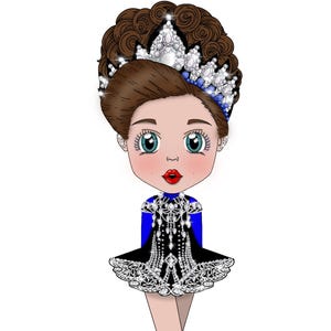 Peut inclure: Illustration d'une jeune fille de dessin animé portant une robe de danse irlandaise noire et bleue avec une couronne argentée. La robe présente des détails argentés complexes et une jupe évasée. Elle porte des chaussettes blanches et des chaussures noires.