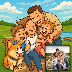 Retrato familiar personalizado en caricatura: dibujo digital personalizado a partir de una foto. Un regalo divertido para familias, niños y dueños de mascotas.