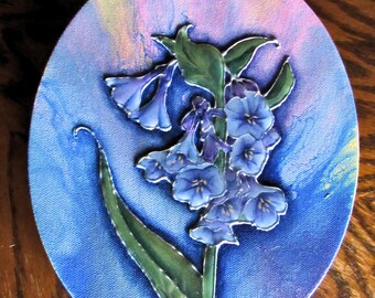 Hand-Painted Bluebell Canvas Art: Textured Floral, Metallic Accents, 8x10 Oval