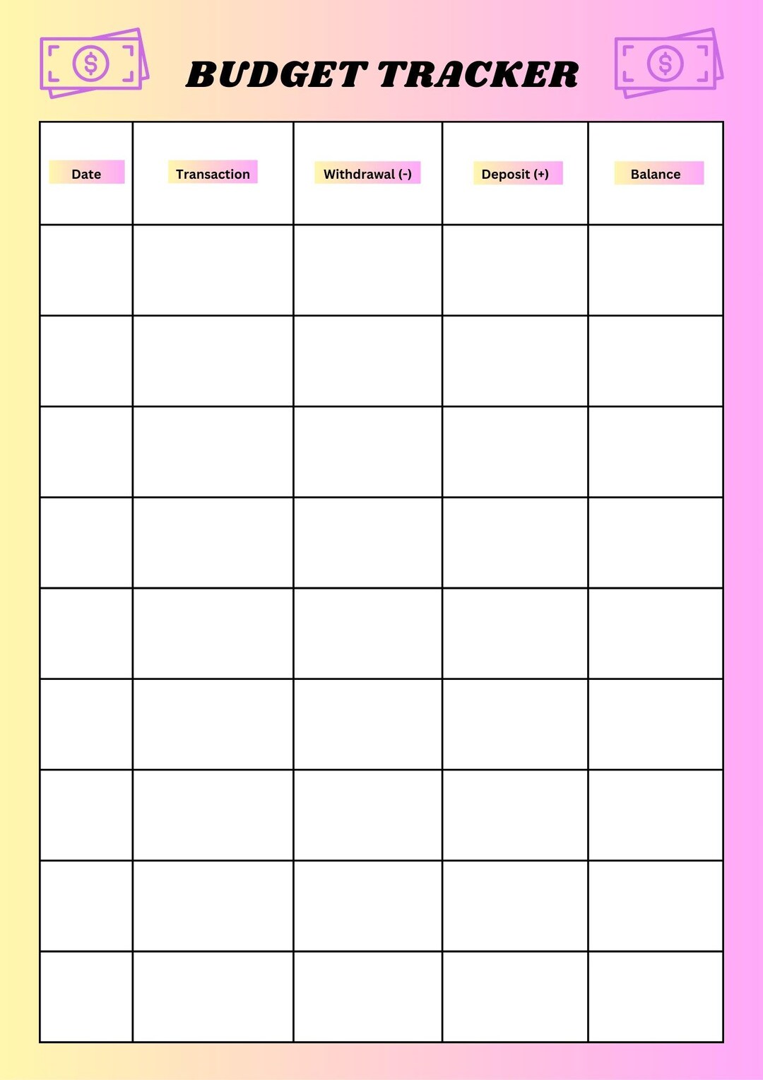 Simple Banking Ledger Template Printable (colored) - Etsy