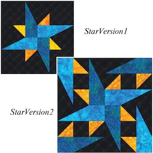 May include: Two quilt blocks featuring a star design. The blocks are made from blue and yellow fabric and are set against a black background.