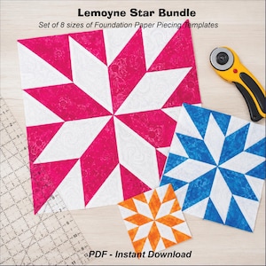 May include: Lemoyne Star Bundle, a set of 8 sizes of foundation paper piecing templates. Three star-shaped quilt blocks in pink, blue, and orange are displayed with a clear acrylic ruler and a yellow and black rotary cutter for scale.