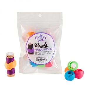 May include: A package of 12 colorful rubber spool huggers, designed to keep thread spools from unwinding. The package is labeled "the GYPSY quilter Peels SPOOL HUGGER".