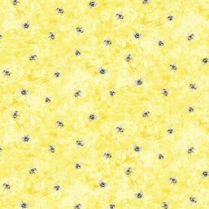 May include: A repeating pattern of bees on a textured yellow background. The bees are black and white with translucent wings, scattered across the surface. The yellow background has a mottled, aged appearance.