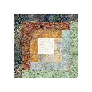 May include: A quilt block featuring a log cabin design in shades of blue, green, brown, and white. The block is composed of squares of varying sizes and colours, arranged in a concentric pattern.
