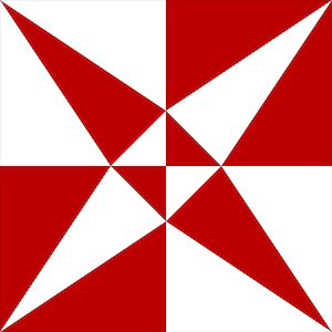 May include: A red and white geometric pattern with a star shape in the center. The pattern is made up of alternating red and white triangles.