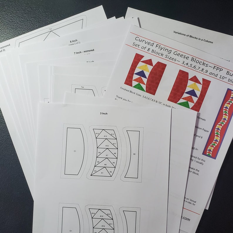 May include: A set of 8 printable patterns for curved flying geese quilt blocks. The patterns are for blocks ranging in size from 3 to 10 inches. The patterns are printed on white paper.