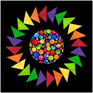 Può includere: Un design circolare colorato con sfondo nero. Il centro del design è un cerchio pieno di cerchi più piccoli in vari colori. L'anello esterno del design è composto da 16 triangoli in colori alternati, tra cui rosso, arancione, giallo, verde, blu e viola.