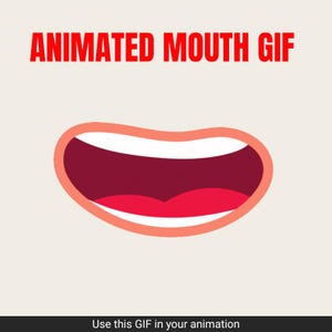 Könnte beinhalten: Grafik eines animierten Mund-GIFs mit dem Text "ANIMATED MOUTH GIF" in Rot. Der Mund ist geöffnet, mit rotem Innenraum und pfirsichfarbener Umrandung. Der untere Teil des Bildes enthält den Text "Use this GIF in your animation."