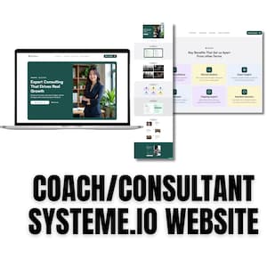 Puede incluir: Una visualización digital de una plantilla de sitio web Systeme.io para coaches y consultores, con un esquema de color verde oscuro y blanco, una sección principal con un retrato profesional y un diseño de cuadrícula que muestra los beneficios.