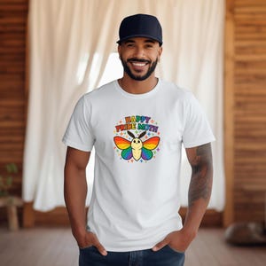 Happy Pride Moth Shirt | Cute LGBTQ Cartoon Tee | Funny Rainbow Moth Pride T-Shirt | Gildan 5000 Unisex | Kawaii Queer Graphic Tee