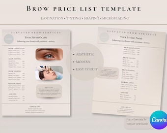 Brow Services Price List Template | Lash & Brow Salon Menu (Canva Editable, Instant Download)