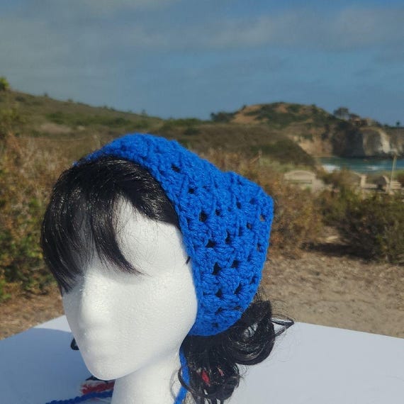 Handmade Royal Blue Crochet Granny Stitch Head Scarf Bandana  display picture 3
