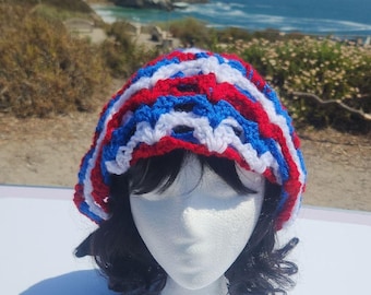 Handmade Unisex Crochet Bell Shaped Bucket Hat Red White Blue