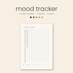 May include: A mood tracker printable sheet featuring the text mood tracker, a year in pixels, 2 styles, 4 sizes, and a grid of circles for daily tracking. The design includes a color-coded legend at the bottom with small circles in various muted tones.