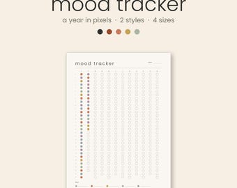 Op de afbeelding: Een printbaar mood tracker-blad met de tekst mood tracker, a year in pixels, 2 styles, 4 sizes en een raster van cirkels voor dagelijkse registratie. Het ontwerp bevat onderaan een kleurgecodeerde legenda met kleine cirkels in diverse gedempte tinten.