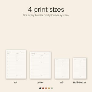 May include: A digital planner page template displayed in four sizes: A4, Letter, A5, and Half-Letter. The text at the top reads 4 print sizes fits every binder and planner system. Each white page features a daily schedule layout with the word today.