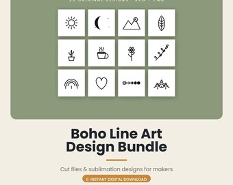 Op de afbeelding: Een digitale collectie getiteld Boho Line Art Design Bundle met 20 originele ontwerpen in SVG- en PNG-formaten. De afbeelding toont een raster van twaalf zwarte lijntekeningen op witte vierkanten, waaronder een zon, maan, bergen, blad en hart.