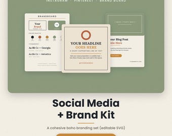 Op de afbeelding: Een digitale brandingkit met een brand board, een vierkante social media graphic met een cirkelvormig logo en een blogpost-sjabloon. Het ontwerp maakt gebruik van een kleurenpalet van saliegroen, crème en terracotta.