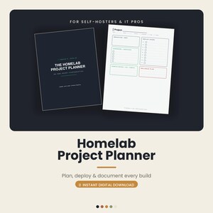 Może przedstawiać: Cyfrowy planer projektów Homelab z ciemną okładką z białym napisem The Homelab Project Planner oraz układem strony wewnętrznej z sekcjami na cele, sprzęt, usługi, kroki wdrożeniowe, notatki konfiguracyjne oraz plan wycofywania zmian.