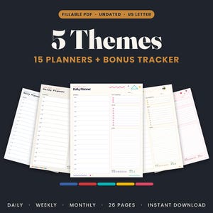 May include: A collection of five daily planner templates in US letter size, presented as fillable PDFs. The pages feature various themes, including hourly schedules, to-do lists, and notes sections, with colorful accents and icons like bees and hearts.