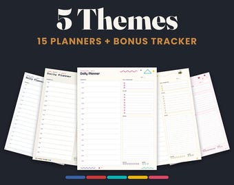 Op de afbeelding: Een verzameling van vijf dagelijkse planner-sjablonen in US letter-formaat, gepresenteerd als invulbare PDF's. De pagina's bevatten diverse thema's, waaronder uurschema's, takenlijsten en notitieruimtes, met kleurrijke accenten en iconen.