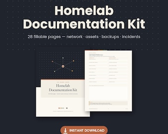 Op de afbeelding: Een Homelab-documentatiekit met 28 invulbare pagina's voor netwerk, assets, back-ups en incidenten. De kit bevat een voorpagina met een netwerkdiagram en een pagina voor snelle referentie. Het ontwerp heeft een donkere achtergrond met witte tekst.