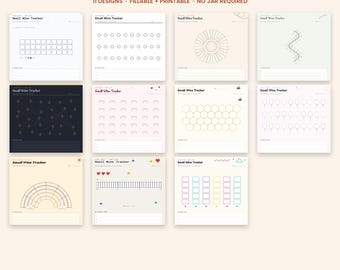 Op de afbeelding: Een verzameling van elf Small Wins Tracker-vellen met diverse invulbare ontwerpen, waaronder rasters, cirkels, zeshoeken, sterren en een regenboog. Elke pagina bevat de titel Small Wins Tracker, 11 designs, fillable, printable, no jar required.