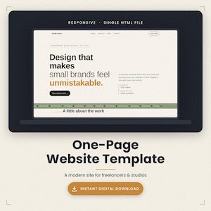 May include: A responsive single HTML file one-page website template for freelancers and studios. The interface features a cream background with black text, including the headline Design that makes small brands feel unmistakable and a download button.