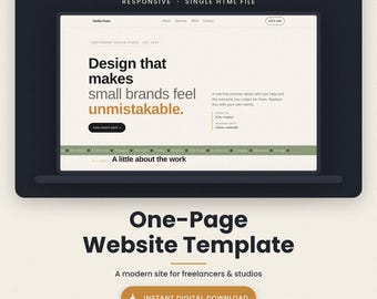Op de afbeelding: Een responsive website-sjabloon van één pagina als enkel HTML-bestand voor freelancers en studio's. De interface heeft een crèmekleurige achtergrond met zwarte tekst, inclusief de koptekst Design that makes small brands feel unmistakable.