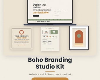 Op de afbeelding: Een digitale brandingkit met een website-mockup met de tekst Design that makes small brands feel unmistakable, een vierkant social media-sjabloon, een brandboard met kleurenpaletten en typografie, en een ingelijste abstracte wandkunst.