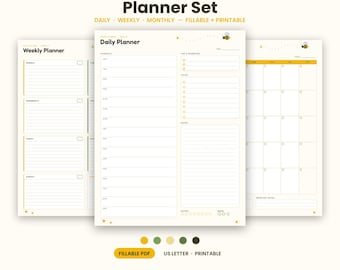 Op de afbeelding: Een Daisy & Bee planner set met dagelijkse, wekelijkse en maandelijkse indelingen. De crèmekleurige pagina's hebben gele en groene accenten en een kleine bijenillustratie. De tekst bevat Daily Planner, Weekly Planner en Fillable PDF.